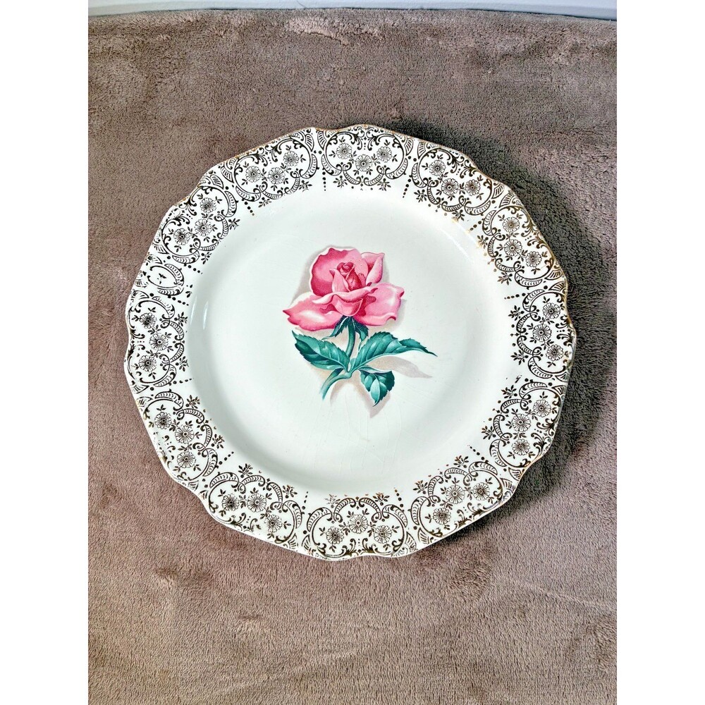 Vintage Sabin 10" Dinner Plate Pink Rose Brown Floral 22K Gold Trim Scalloped
